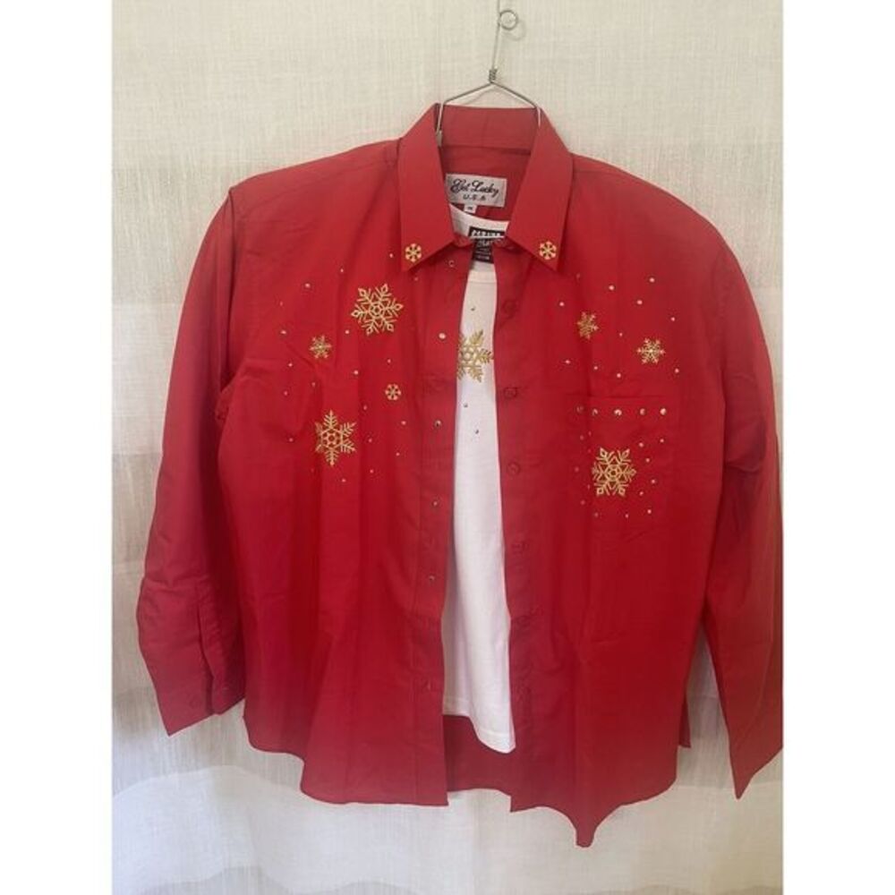Women’s‎ Get Lucky Brand Holiday Shirt Set Red With Gold Snowflakes Size M New